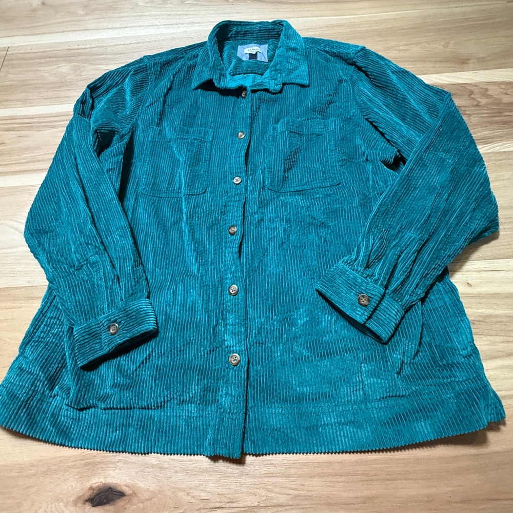 LL Bean Corduroy Shacket Women XL Teal Blue Pockets Long Sleeve Button Down